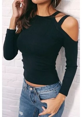 Long Sleeve Cold Shoulder Round Neck Sexy Sweater