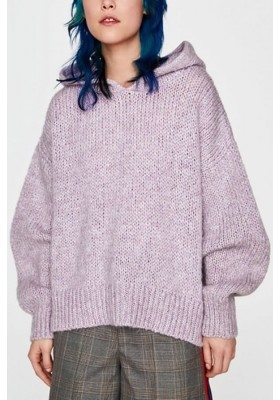 Light-purple Long Sleeve Hooded Casual Pullover Sweater